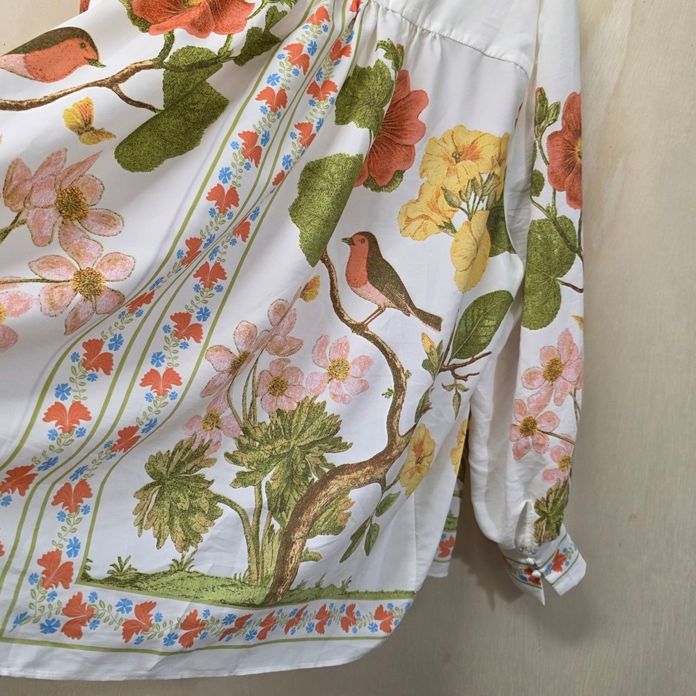 Rose + Olive Floral Bird Print Button Down Blouse White Plus 3X Long Sleeve - Picture 12 of 16